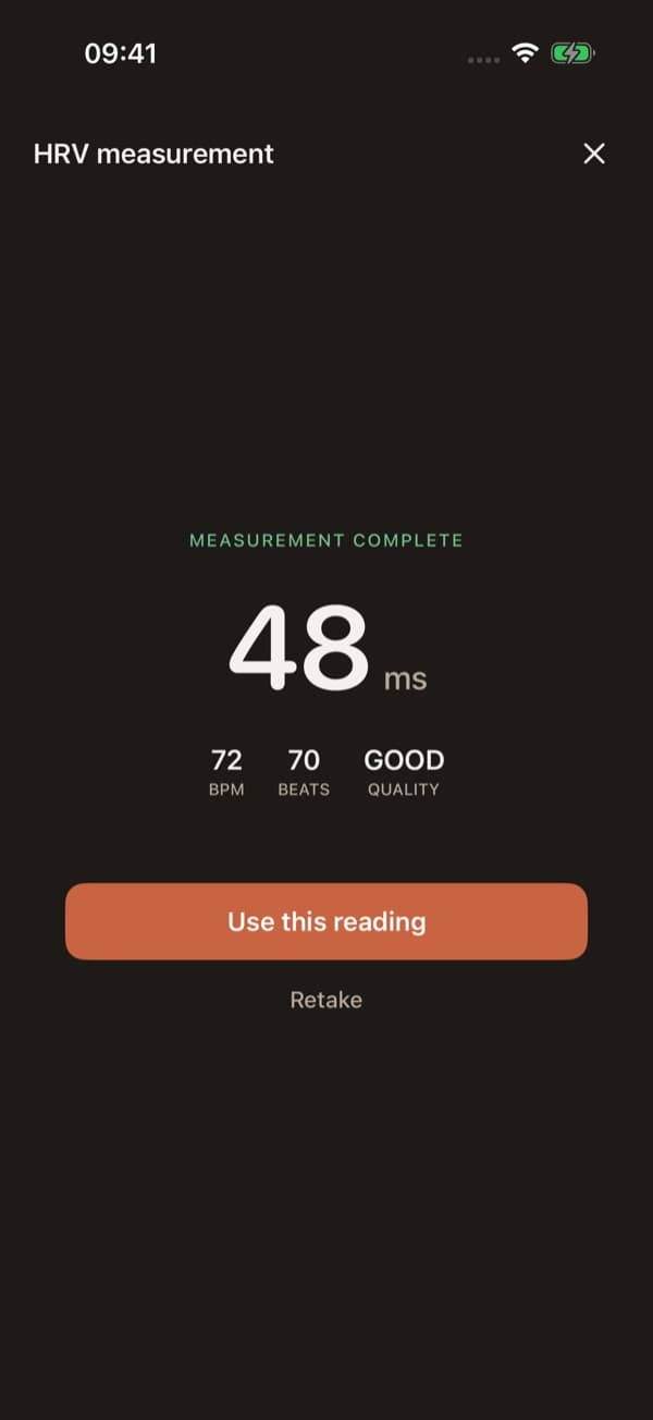 The Onni Health app result screen: HRV of 48 milliseconds, 72 beats per minute and good signal quality